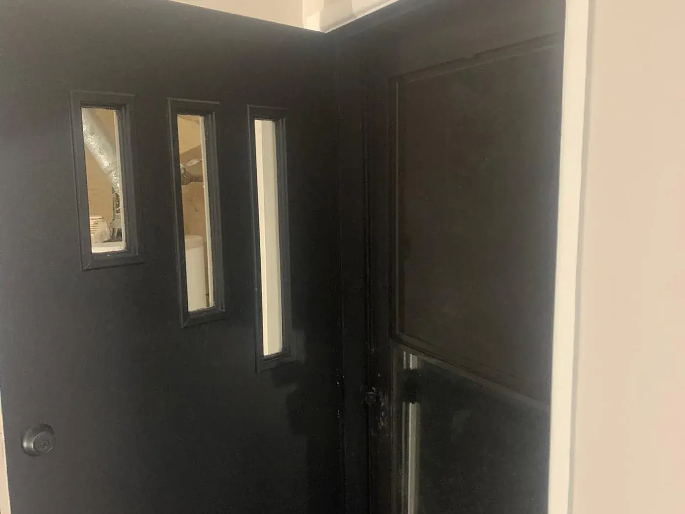 Front door and screen door finished in satin black